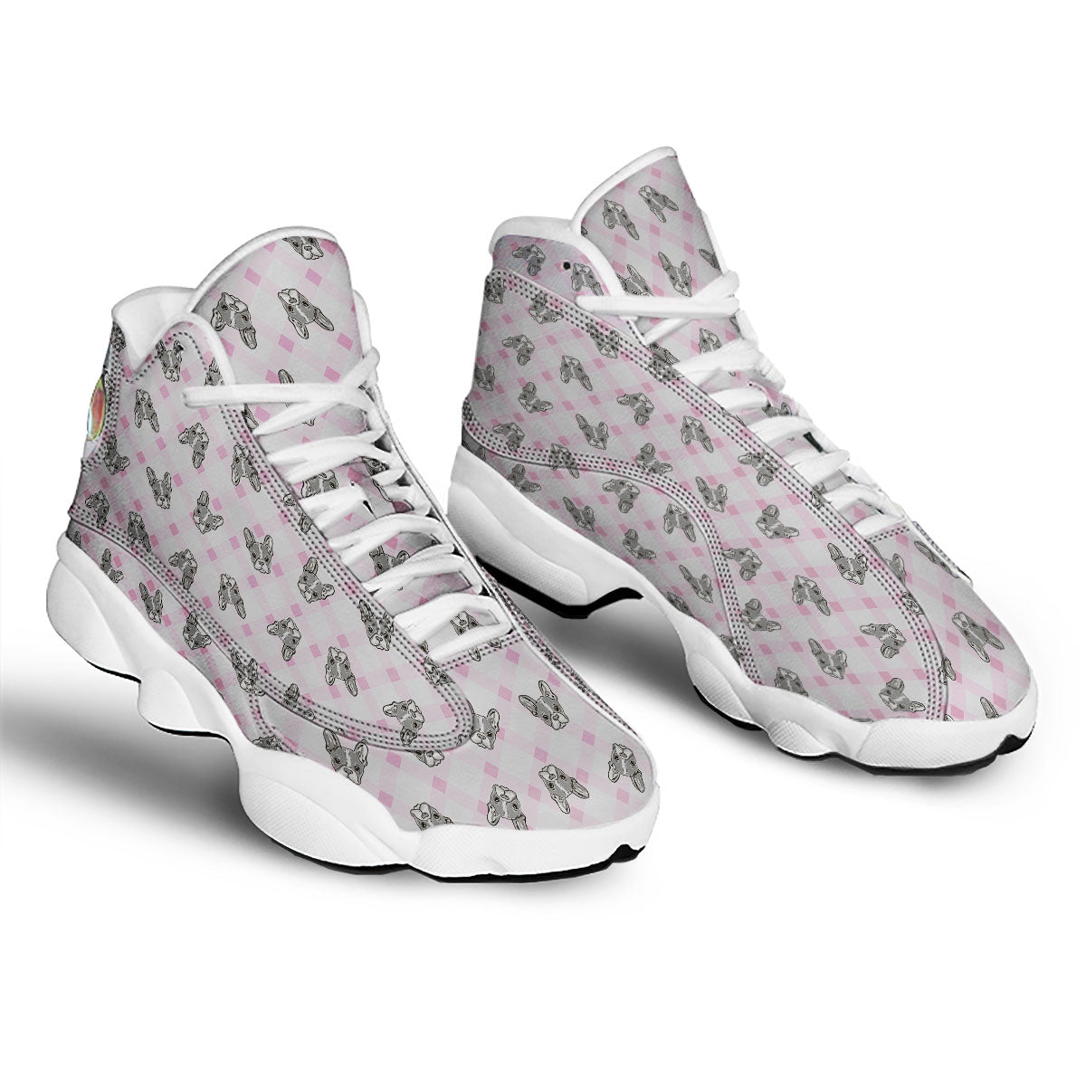 Boston Terrier Pink Plaid Print Pattern White Basketball Shoes-grizzshop