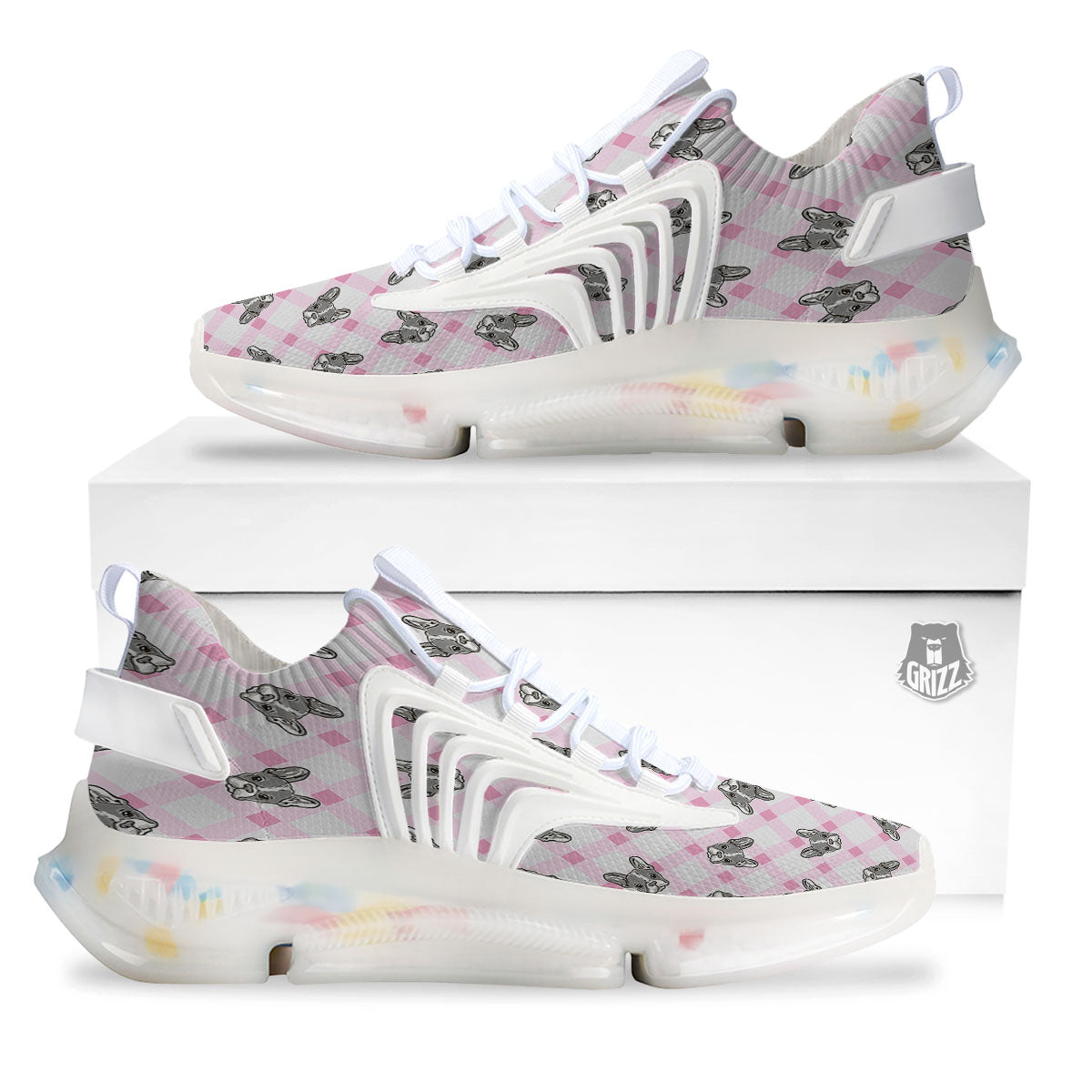 Boston Terrier Pink Plaid Print Pattern White Gym Shoes-grizzshop
