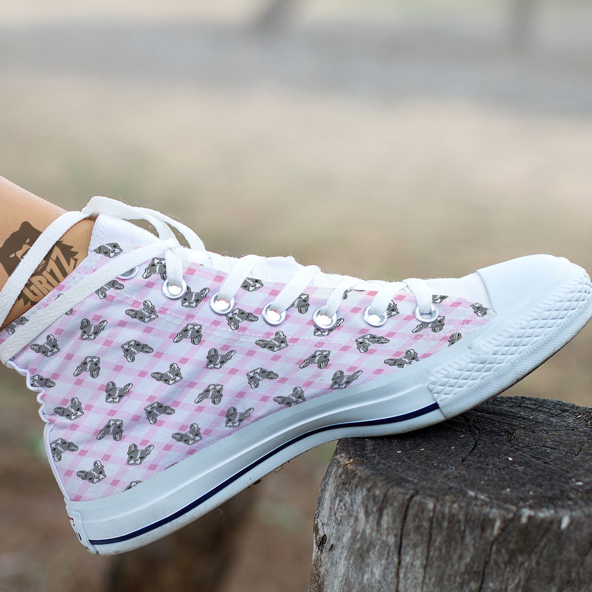 Boston Terrier Pink Plaid Print Pattern White High Top Shoes-grizzshop