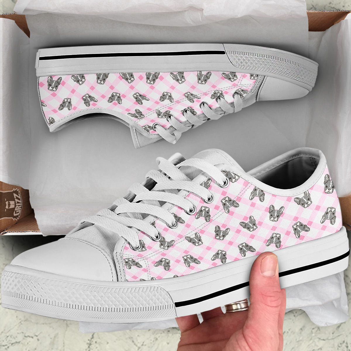 Boston Terrier Pink Plaid Print Pattern White Low Top Shoes-grizzshop