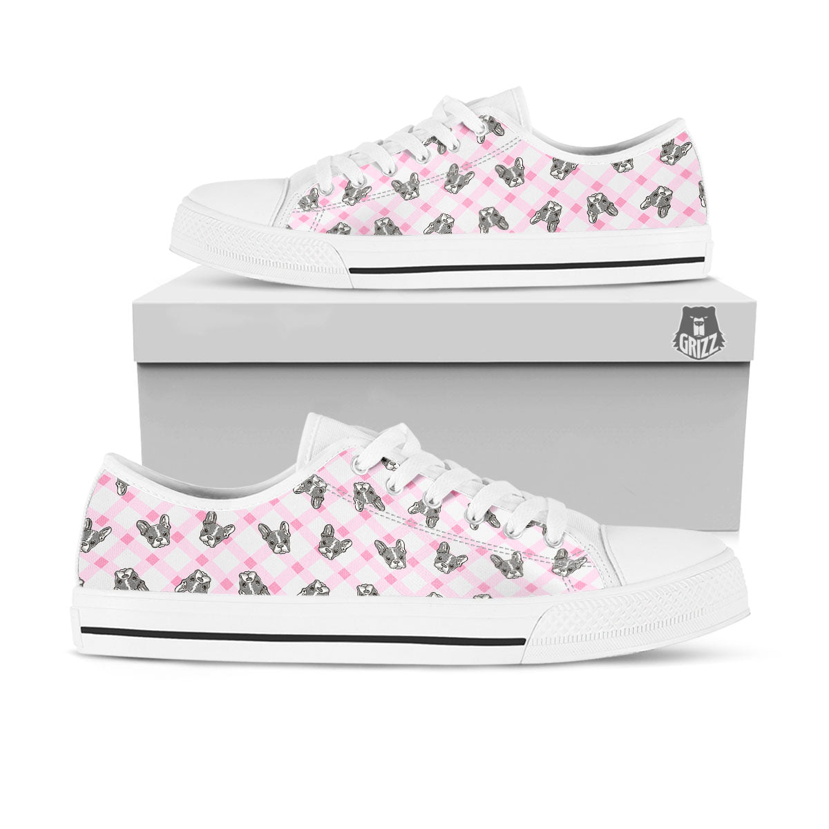 Boston Terrier Pink Plaid Print Pattern White Low Top Shoes-grizzshop