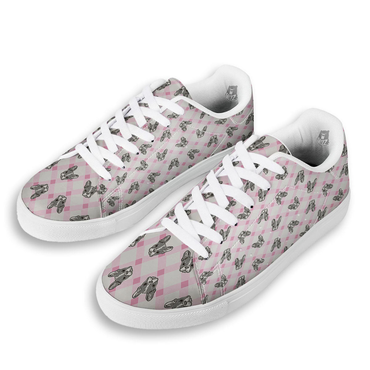 Boston Terrier Pink Plaid Print Pattern White Low Top Sneakers-grizzshop