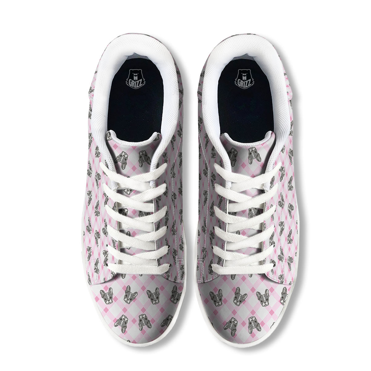 Boston Terrier Pink Plaid Print Pattern White Low Top Sneakers-grizzshop