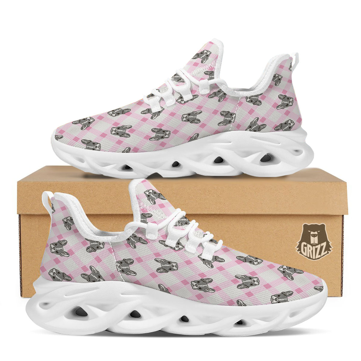 Boston Terrier Pink Plaid Print Pattern White Running Shoes-grizzshop
