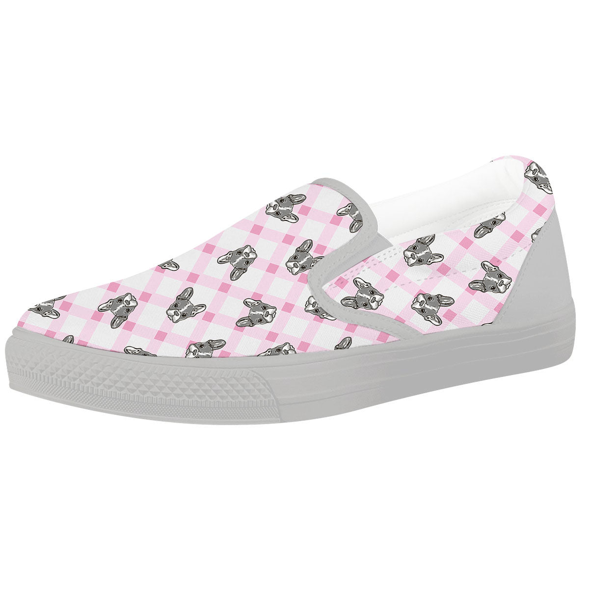 Boston Terrier Pink Plaid Print Pattern White Slip On Shoes-grizzshop