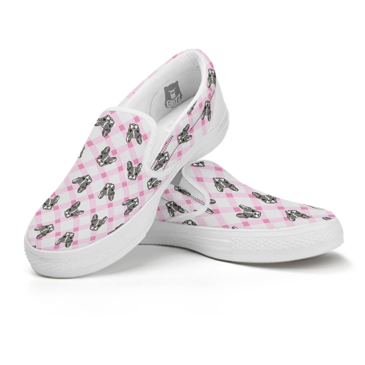 Boston Terrier Pink Plaid Print Pattern White Slip On Shoes-grizzshop