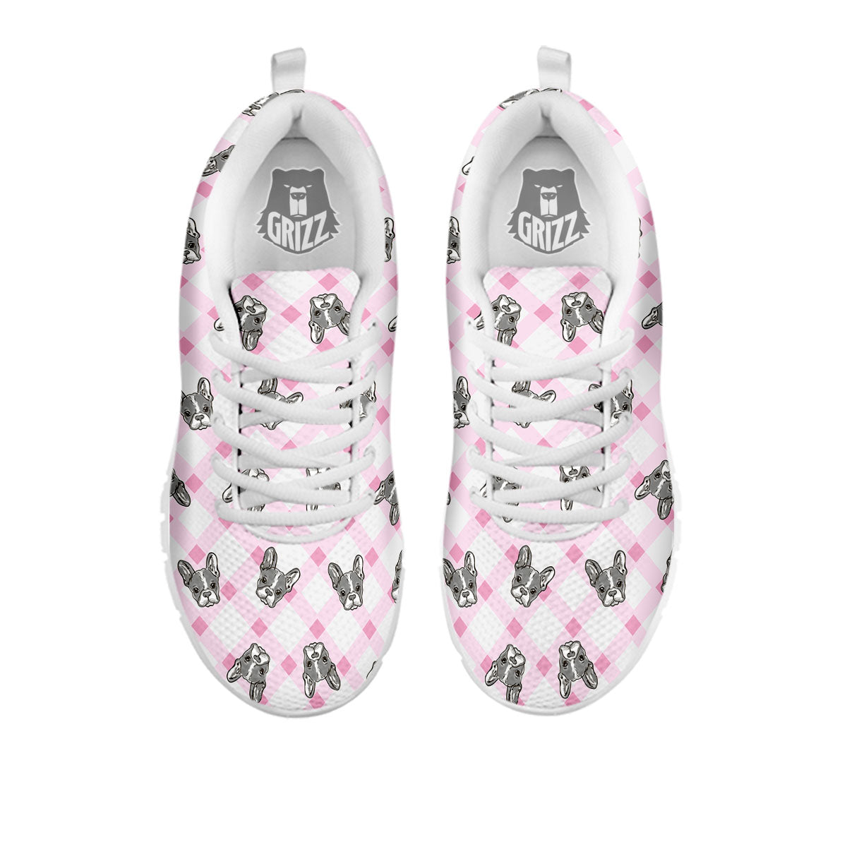 Boston Terrier Pink Plaid Print Pattern White Sneaker-grizzshop