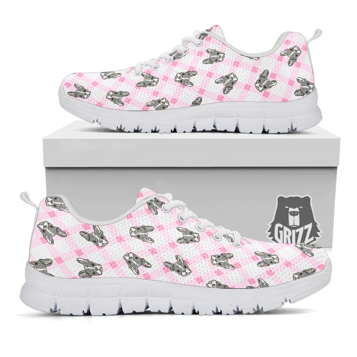 Boston Terrier Pink Plaid Print Pattern White Sneaker-grizzshop