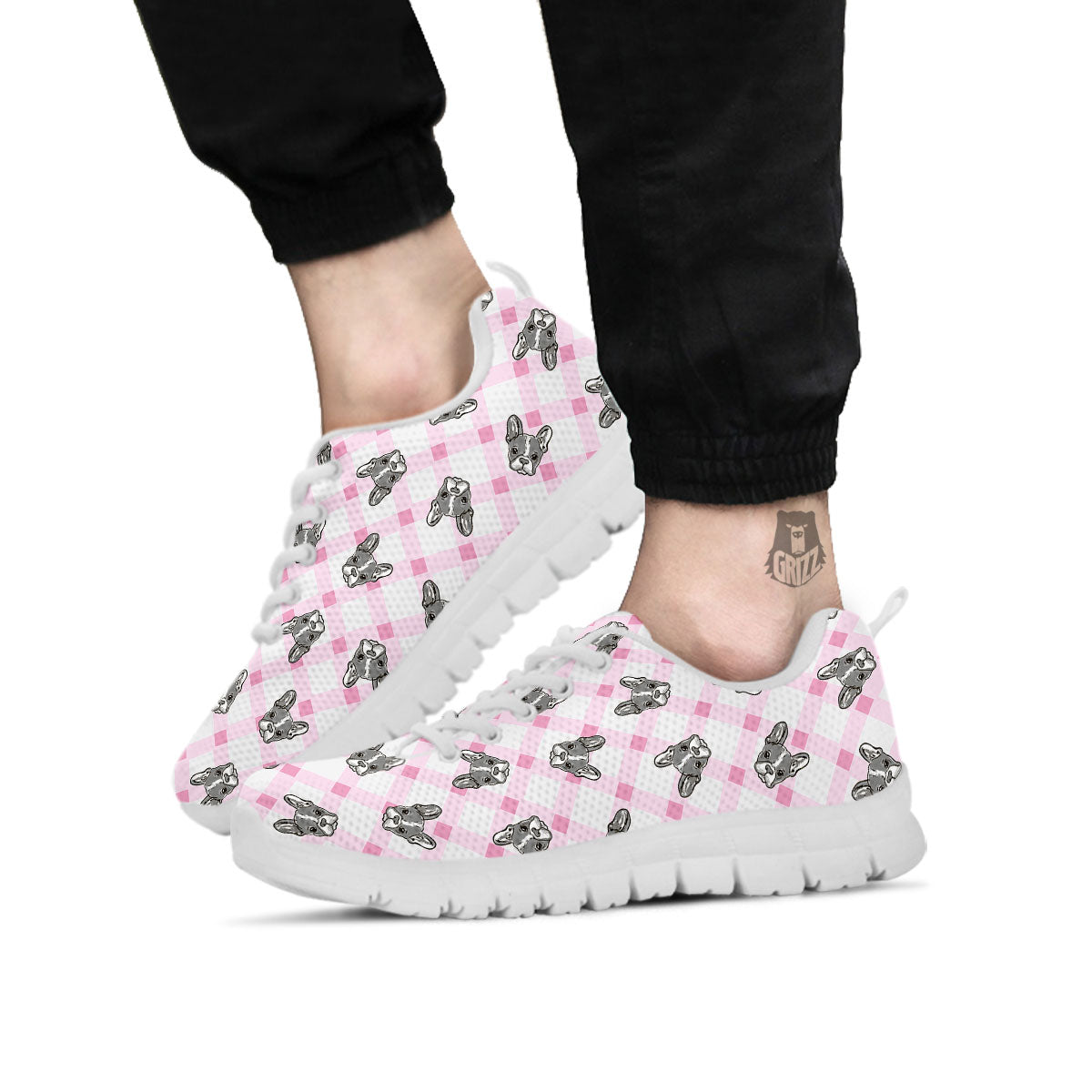 Boston Terrier Pink Plaid Print Pattern White Sneaker-grizzshop