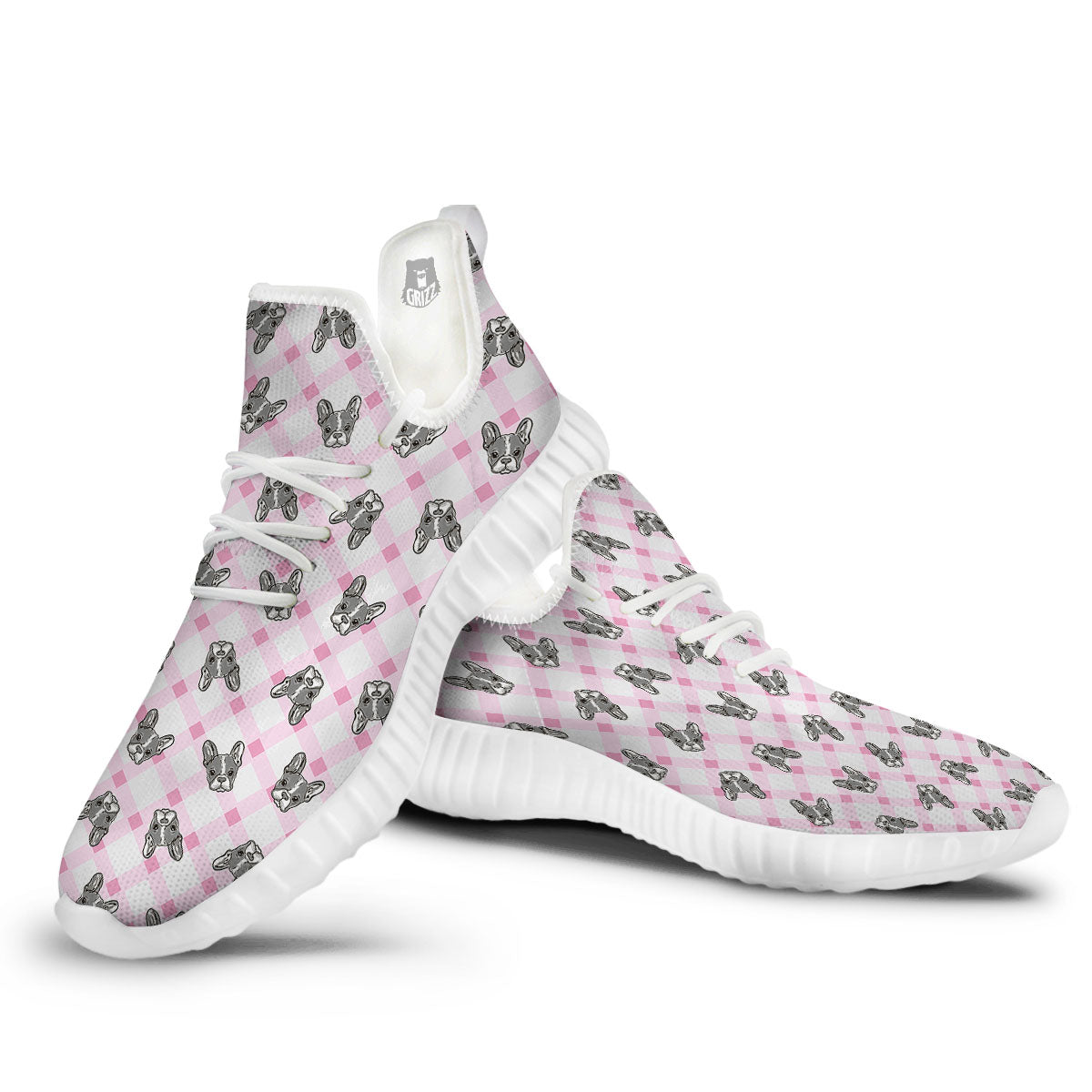 Boston Terrier Pink Plaid Print Pattern White Walking Shoes-grizzshop