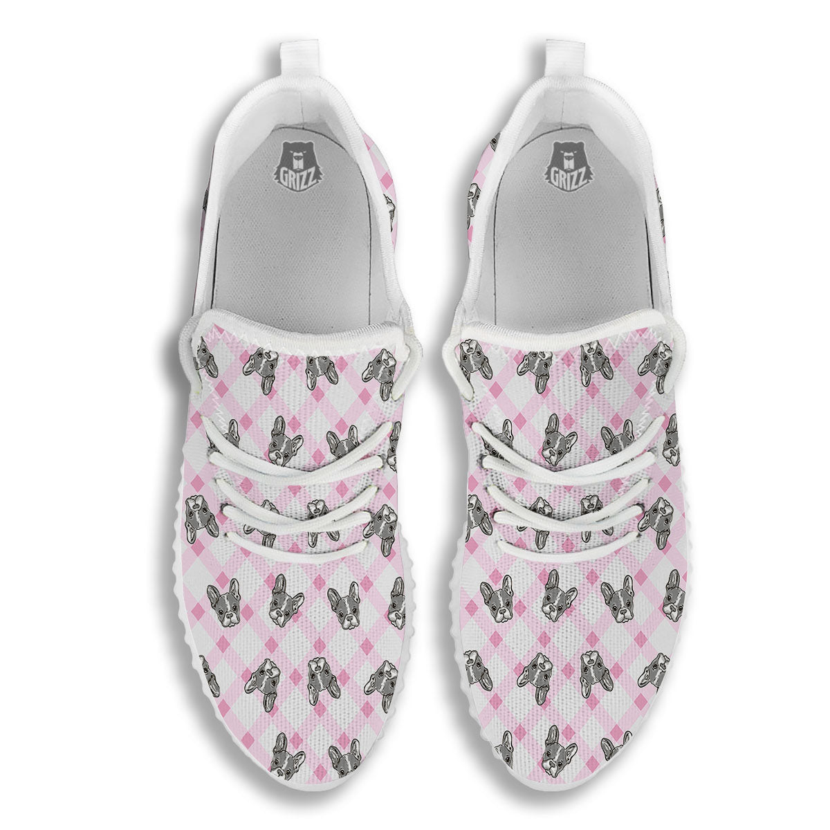 Boston Terrier Pink Plaid Print Pattern White Walking Shoes-grizzshop