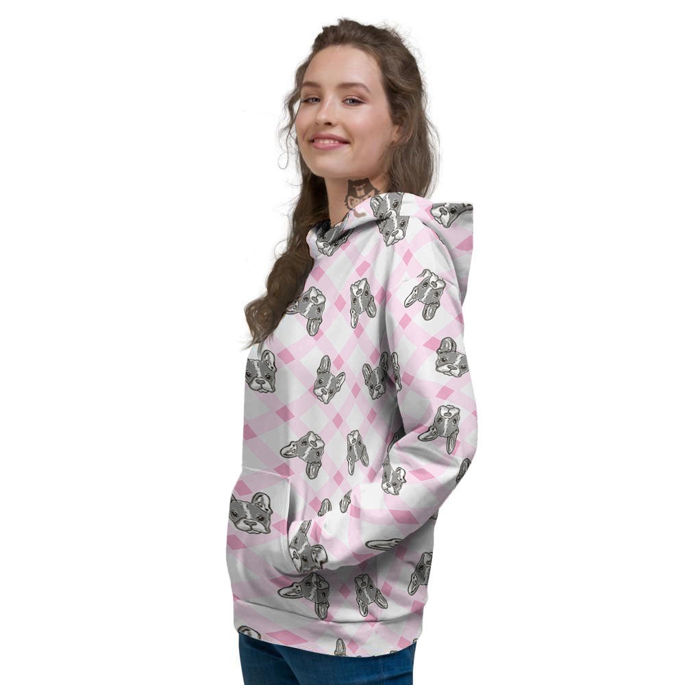 Boston Terrier Pink Plaid Print Pattern Women's Hoodie-grizzshop