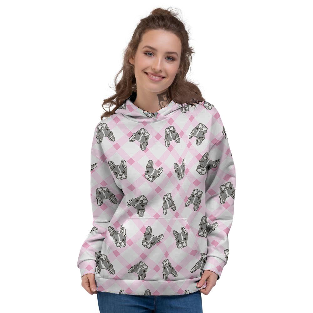 Boston Terrier Pink Plaid Print Pattern Women's Hoodie-grizzshop