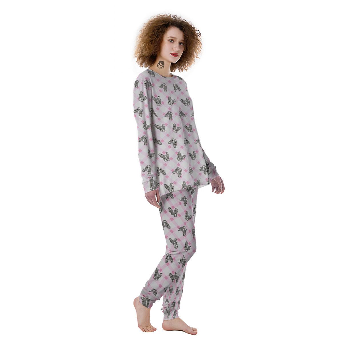 Boston Terrier Pink Plaid Print Pattern Women's Pajamas-grizzshop