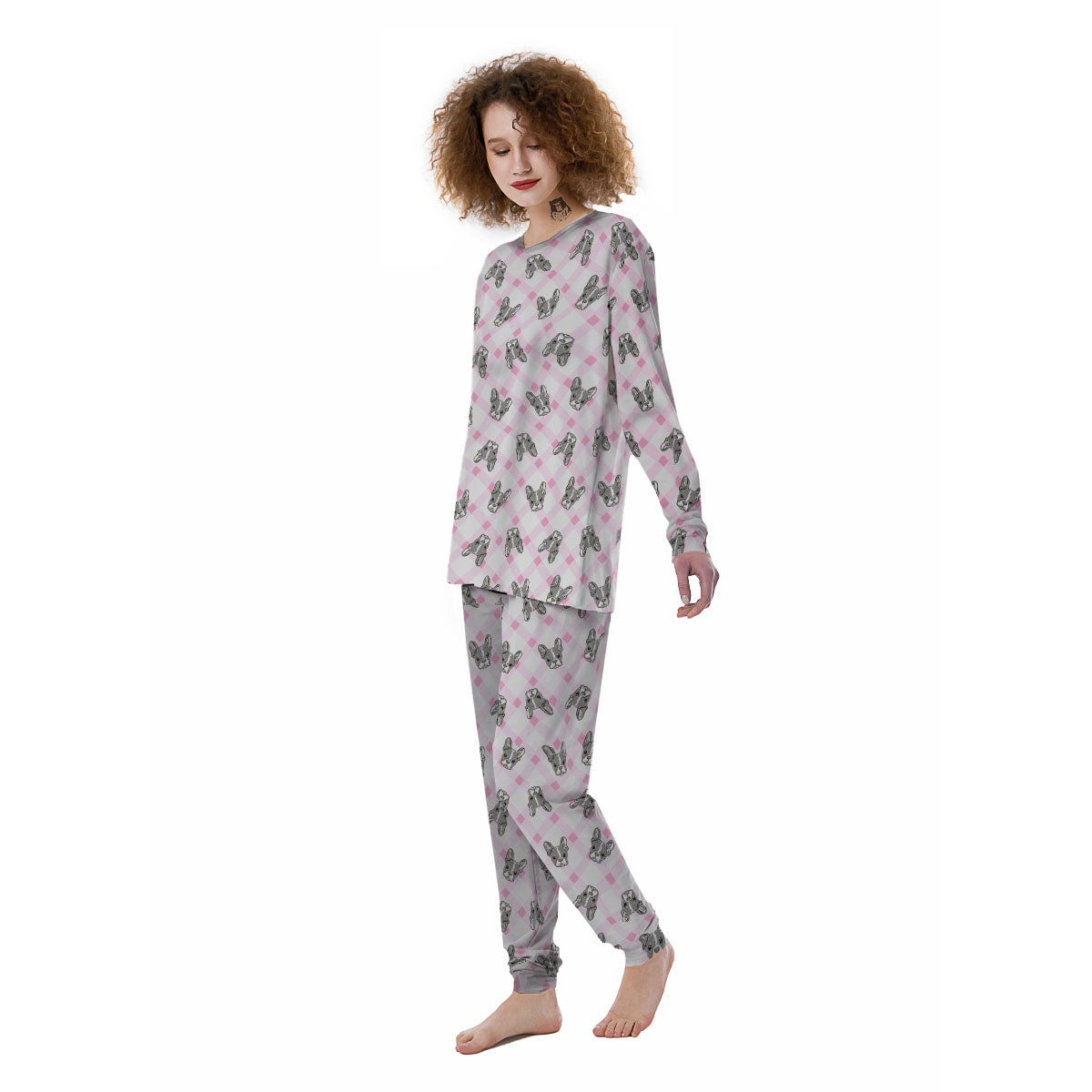 Boston Terrier Pink Plaid Print Pattern Women's Pajamas-grizzshop