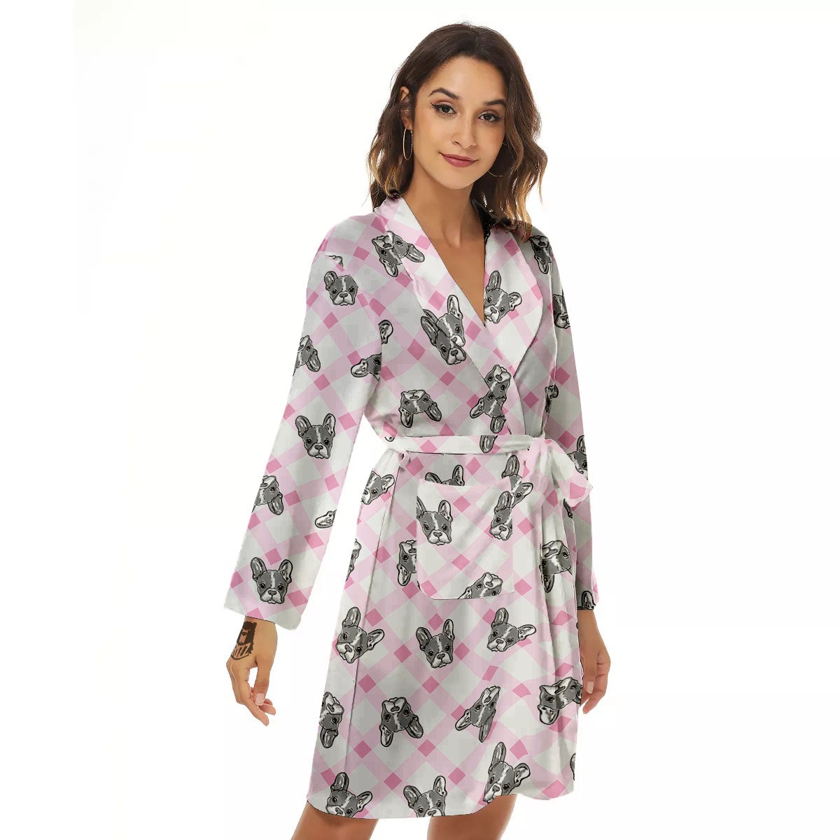 Boston Terrier Pink Plaid Print Pattern Women's Robe-grizzshop