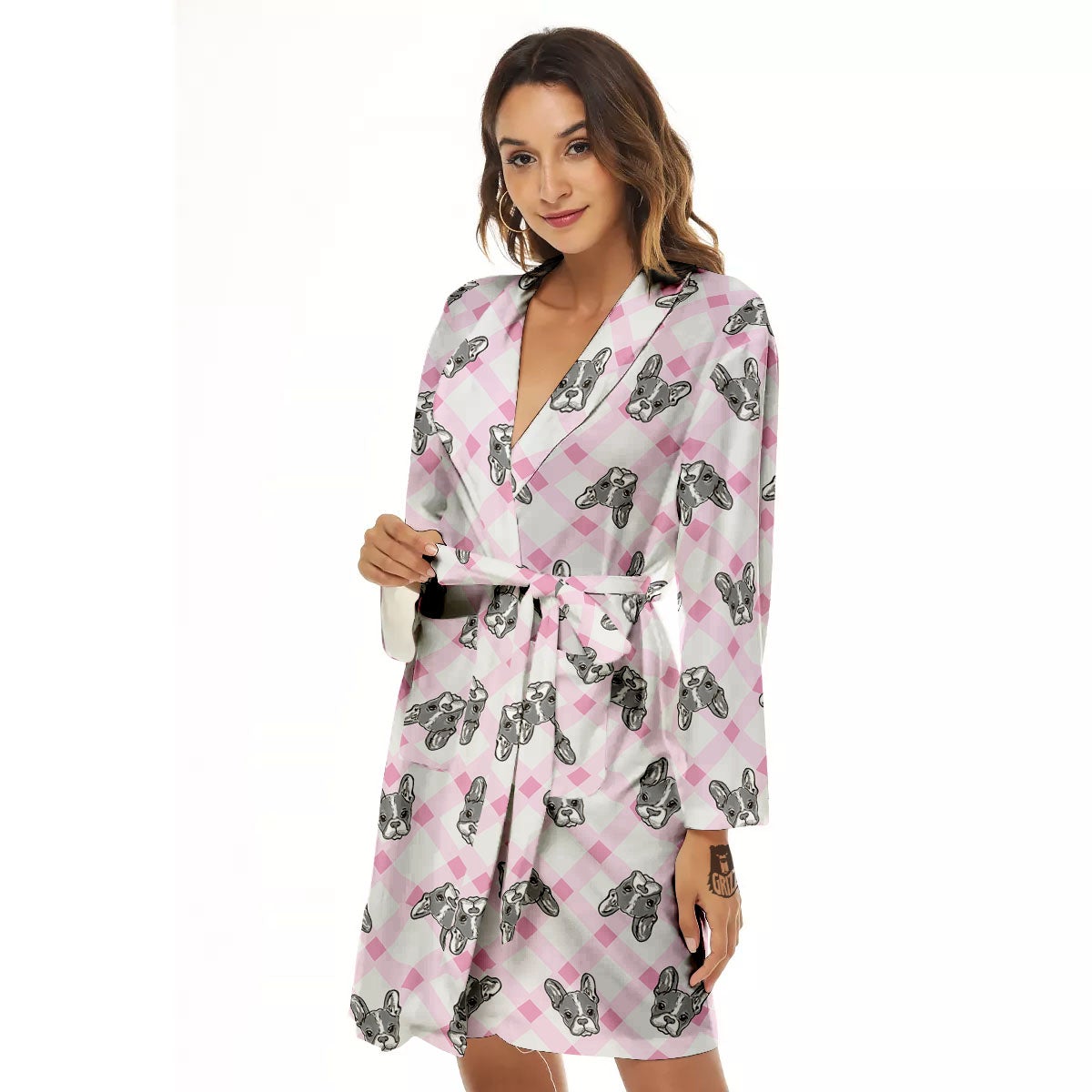 Boston Terrier Pink Plaid Print Pattern Women's Robe-grizzshop