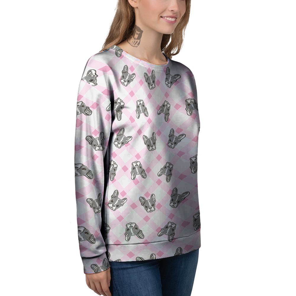 Boston Terrier Pink Plaid Print Pattern Women's Sweatshirt-grizzshop