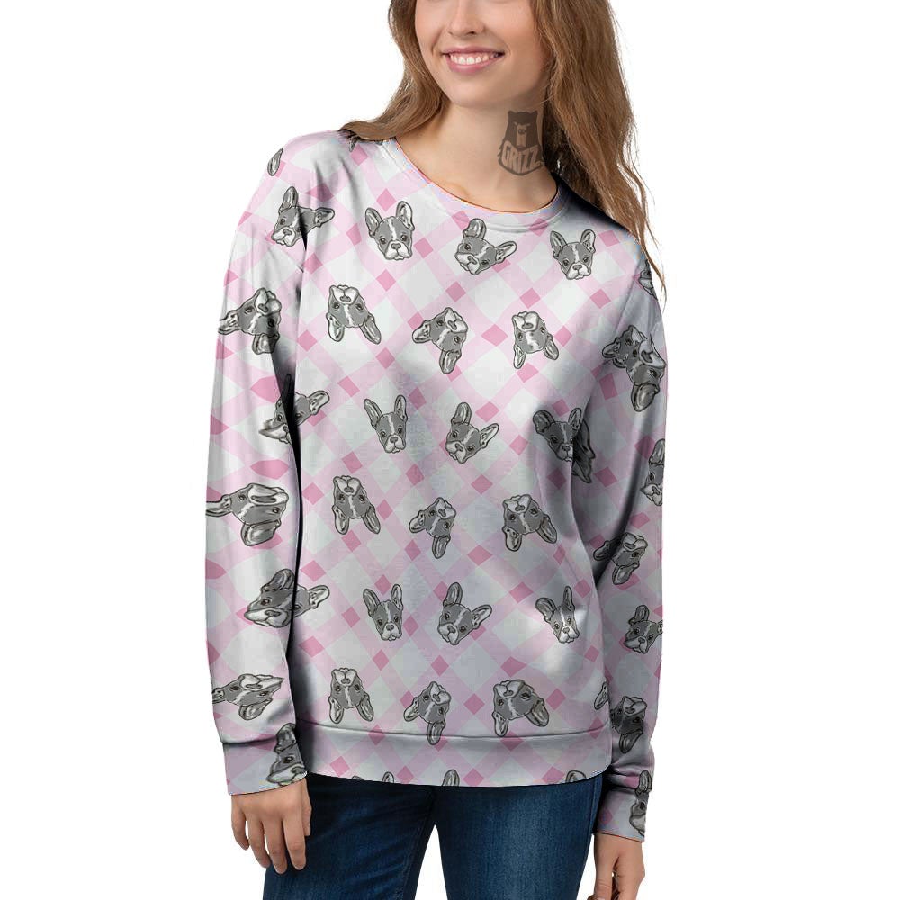 Boston Terrier Pink Plaid Print Pattern Women's Sweatshirt-grizzshop