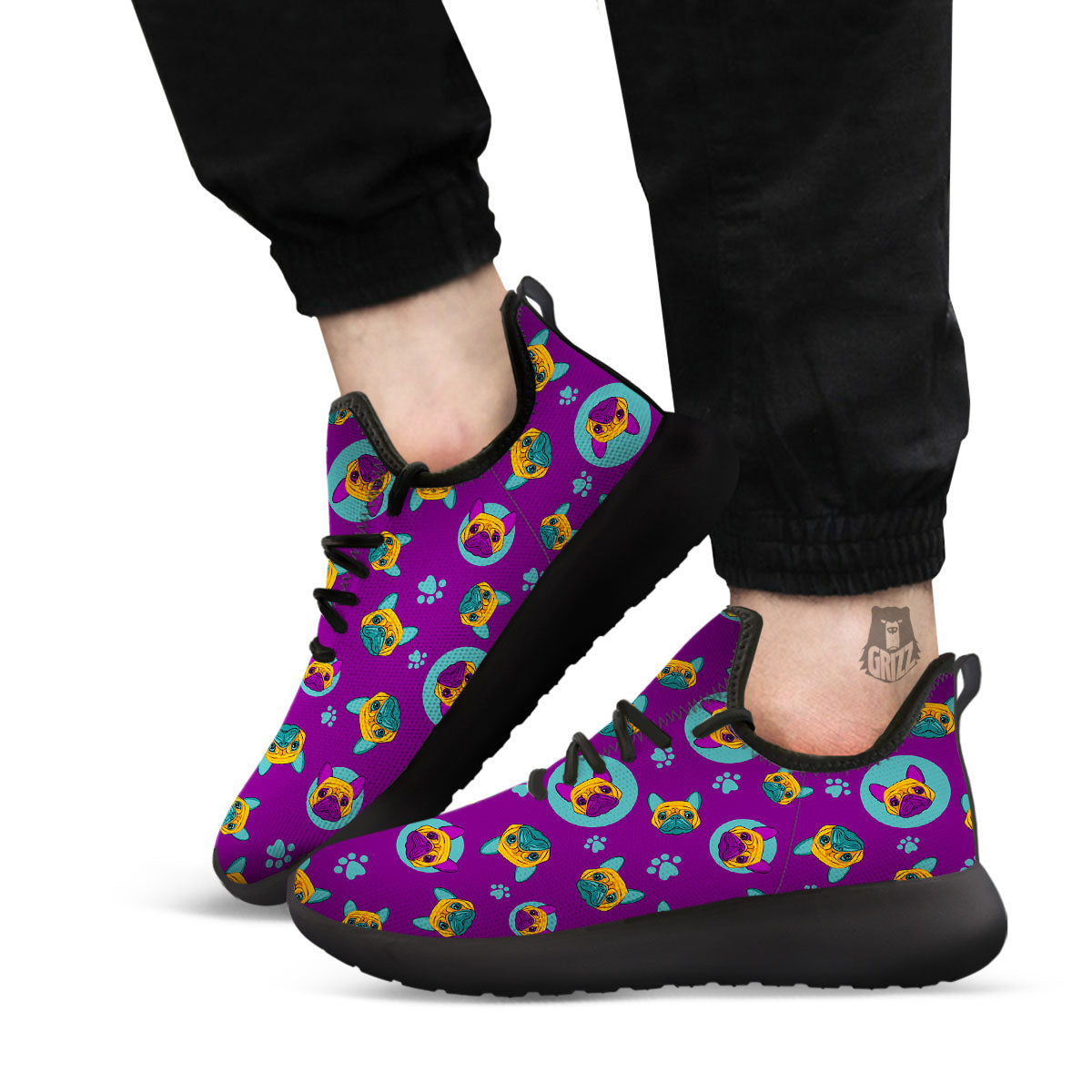 Boston Terrier Purple Print Pattern Black Athletic Shoes-grizzshop