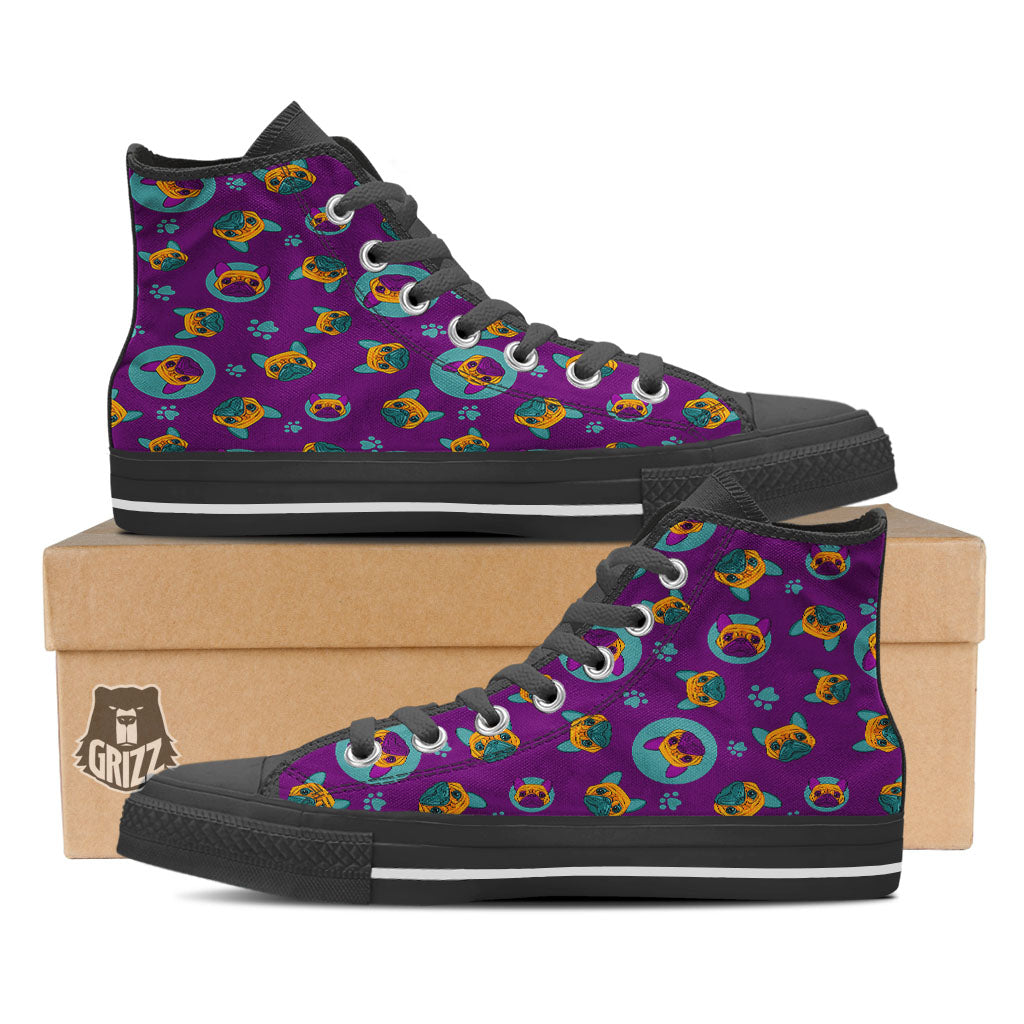 Boston Terrier Purple Print Pattern Black High Top Shoes-grizzshop