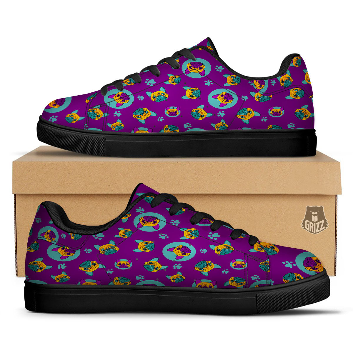 Boston Terrier Purple Print Pattern Black Low Top Sneakers-grizzshop