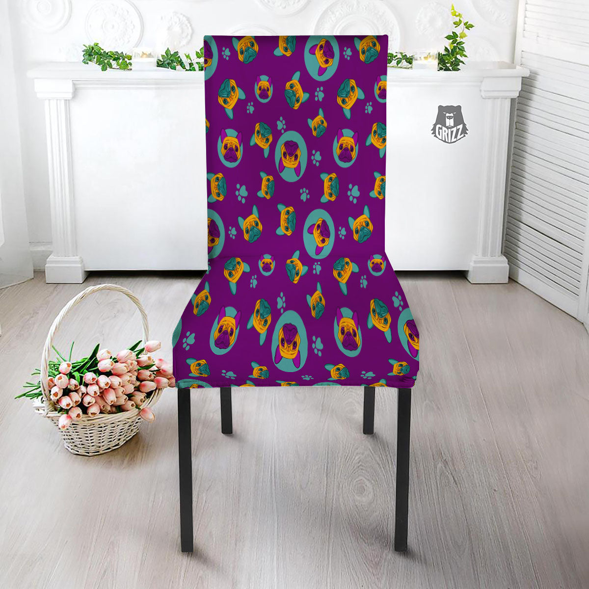 Boston Terrier Purple Print Pattern Dining Chair Slipcover-grizzshop