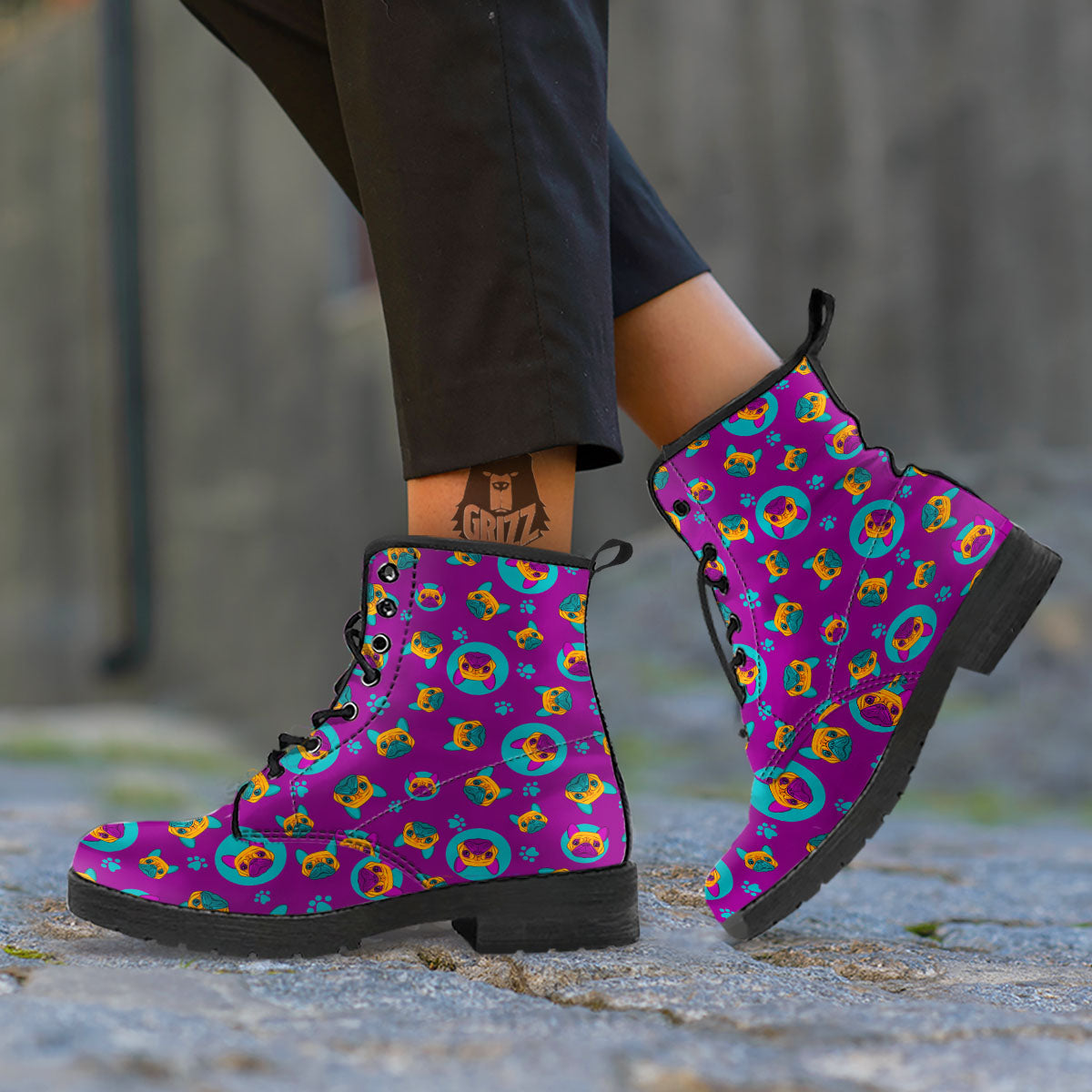Boston Terrier Purple Print Pattern Leather Boots-grizzshop