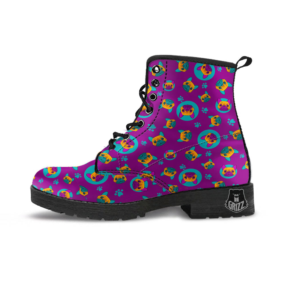 Boston Terrier Purple Print Pattern Leather Boots-grizzshop