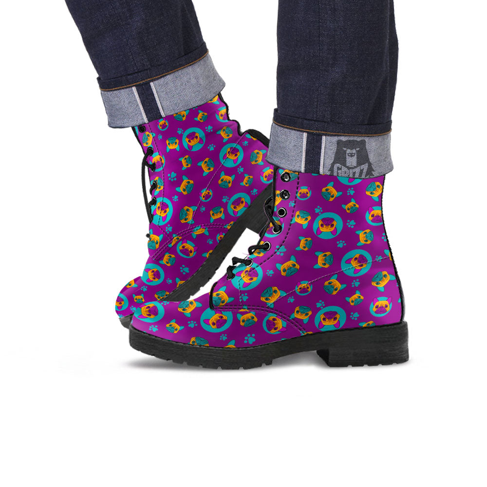 Boston Terrier Purple Print Pattern Leather Boots-grizzshop