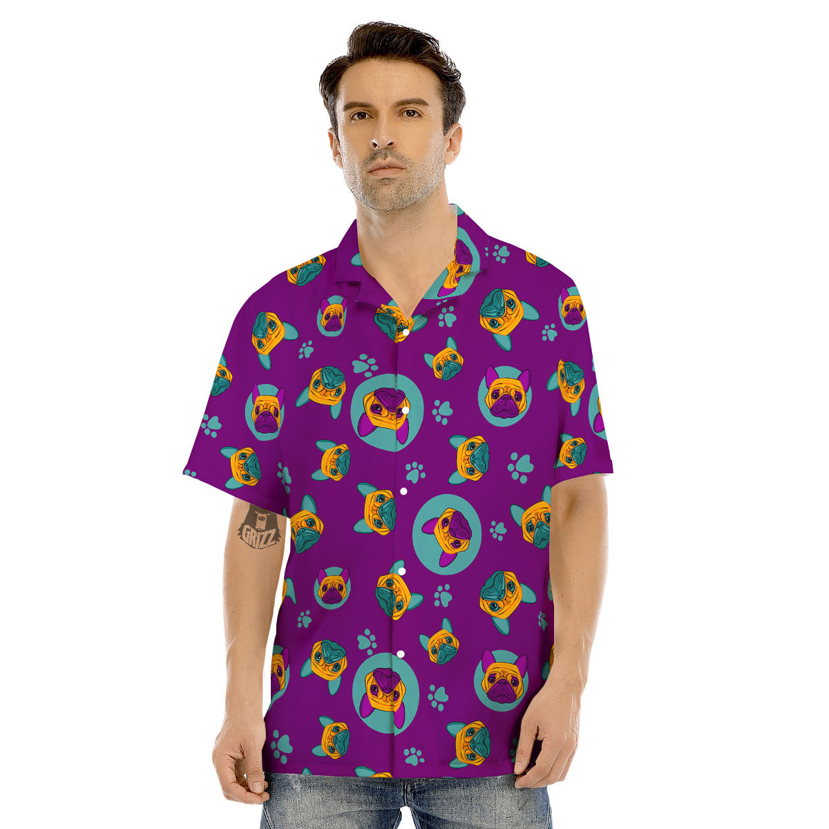 Boston Terrier Purple Print Pattern Men's Hawaiian Shirt-grizzshop