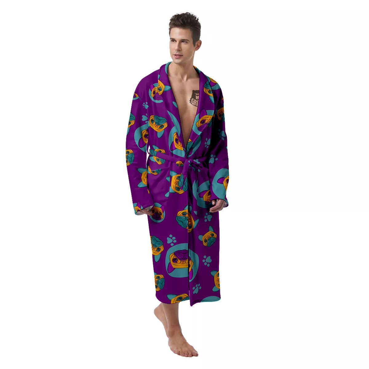 Boston Terrier Purple Print Pattern Men's Robe-grizzshop