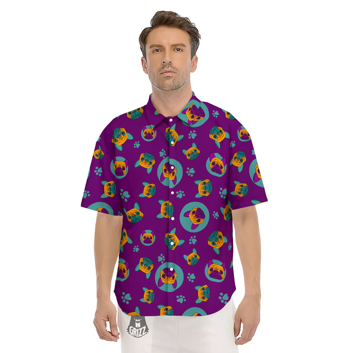 Boston Terrier Purple Print Pattern Men's Short Sleeve Shirts-grizzshop