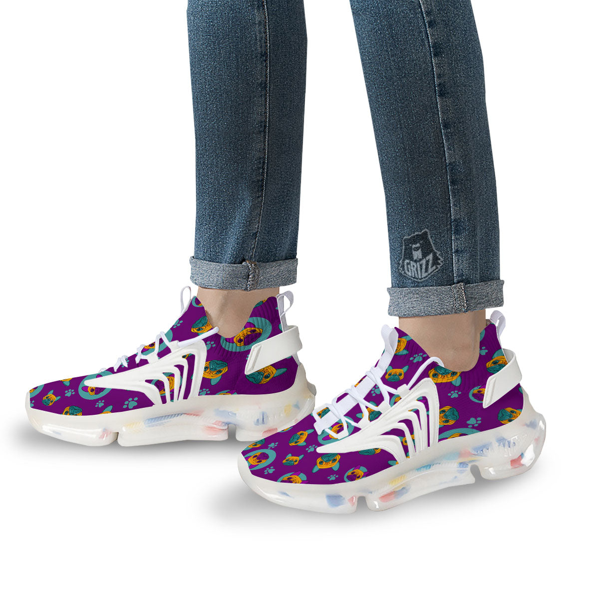 Boston Terrier Purple Print Pattern White Gym Shoes-grizzshop