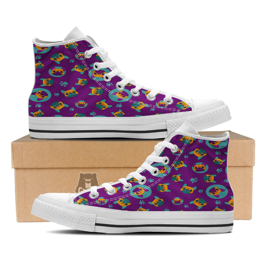Boston Terrier Purple Print Pattern White High Top Shoes-grizzshop