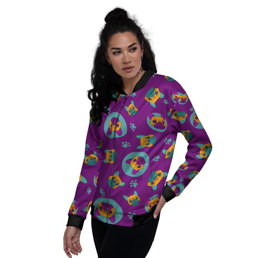 Boston Terrier Purple Print Pattern Women's Bomber Jacket-grizzshop