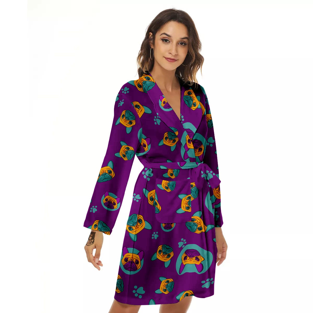 Boston Terrier Purple Print Pattern Women's Robe-grizzshop