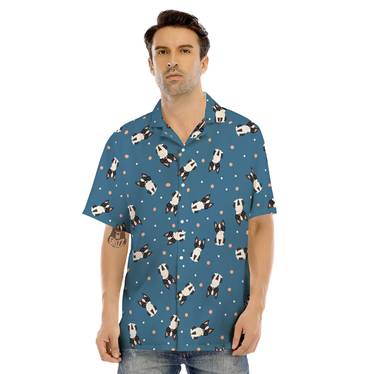 Boston Terrier Wearing Glasses Print Men's Hawaiian Shirt-grizzshop