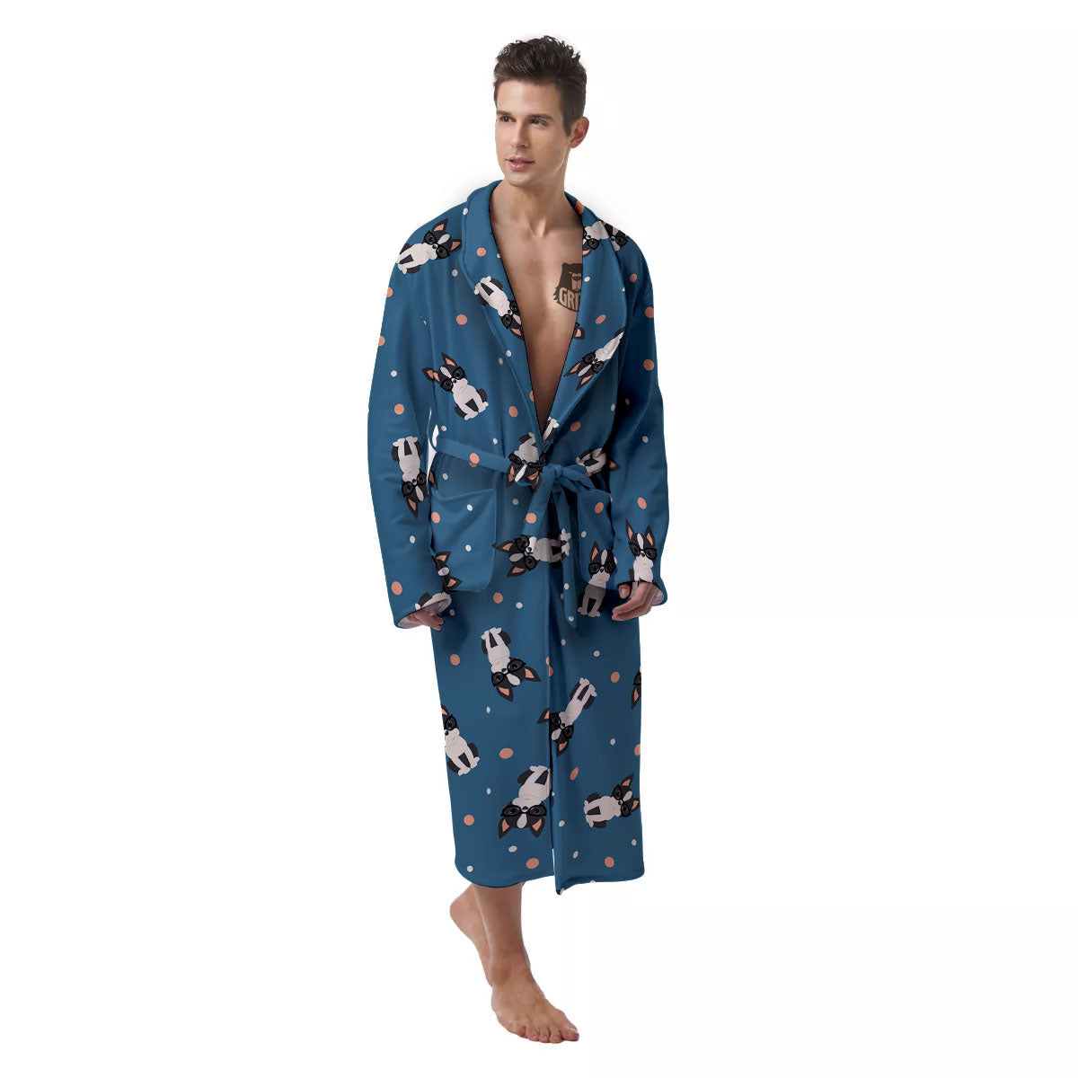 Boston Terrier Wearing Glasses Print Men's Robe-grizzshop