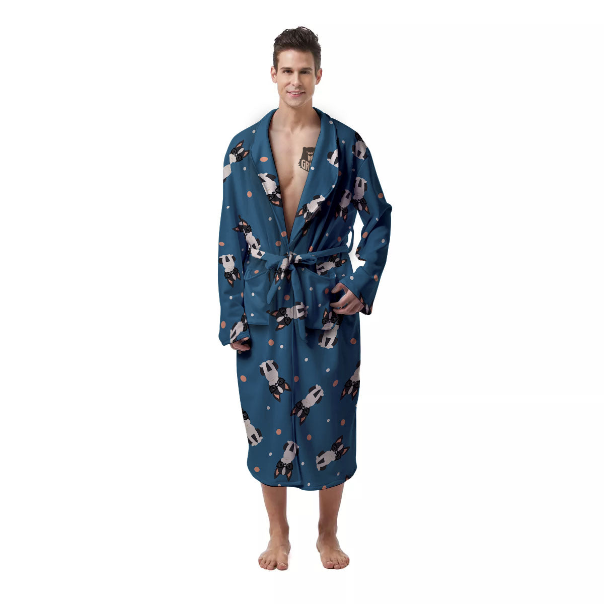 Boston Terrier Wearing Glasses Print Men's Robe-grizzshop