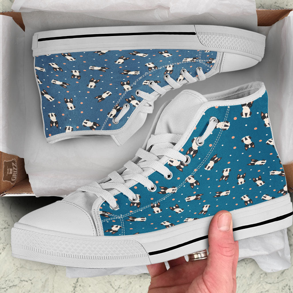 Boston Terrier Wearing Glasses Print White High Top Shoes-grizzshop