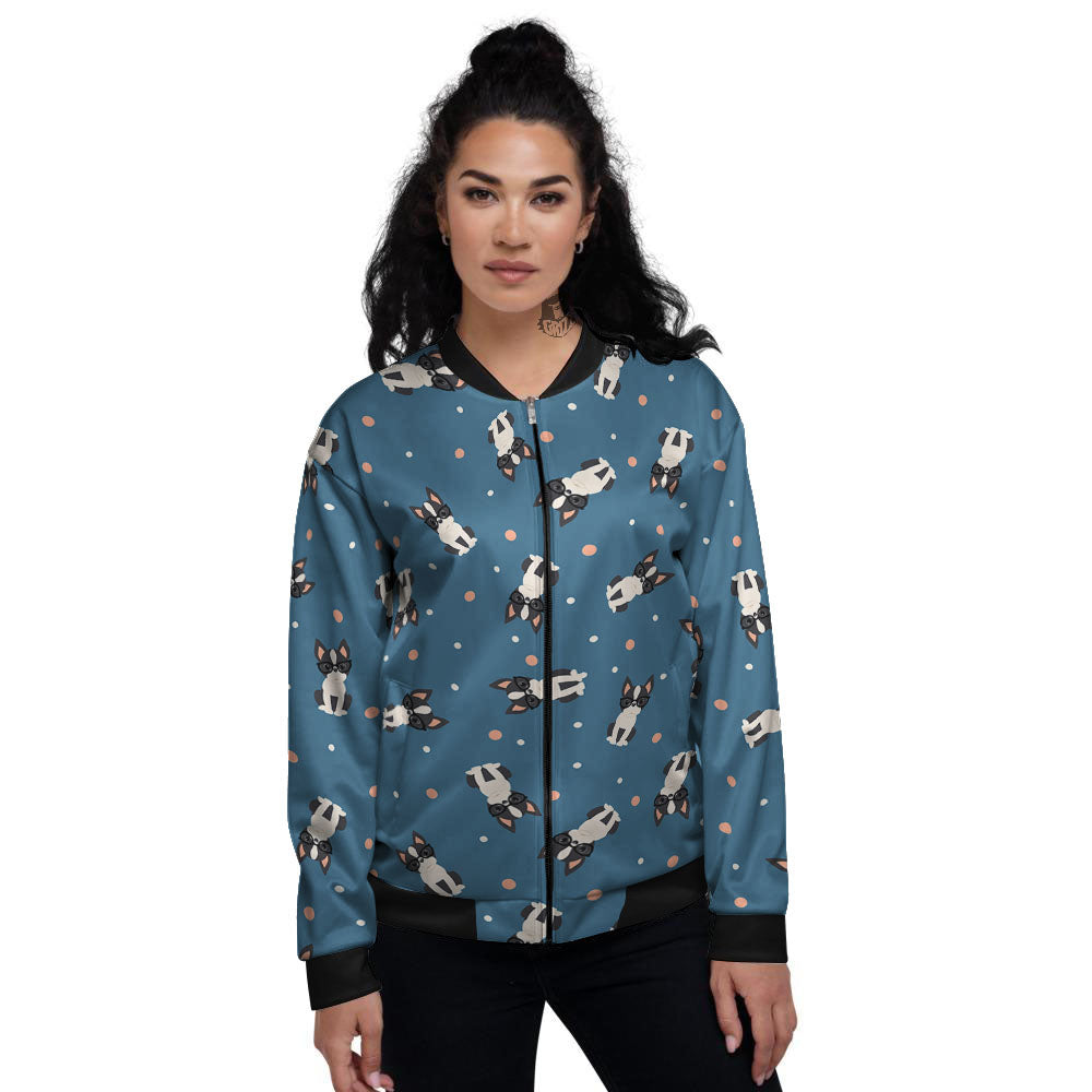 Boston Terrier Wearing Glasses Print Women's Bomber Jacket-grizzshop