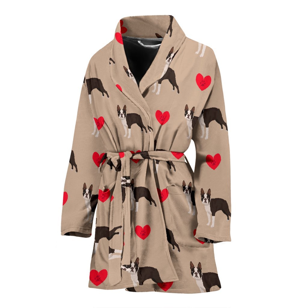 Boston Terrier Heart Paw Pattern Print Women Long Robe-grizzshop