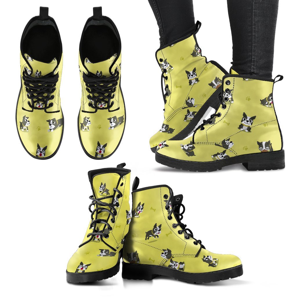 Boston Terrier Paw Pattern Print Men Women Leather Boots-grizzshop