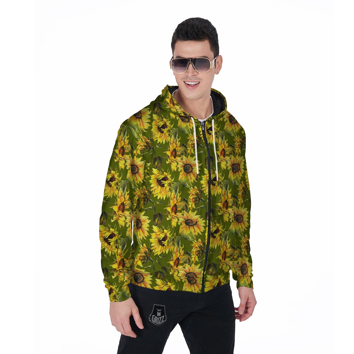 Botanical Sunflower Men's Zip Up Hoodie-grizzshop