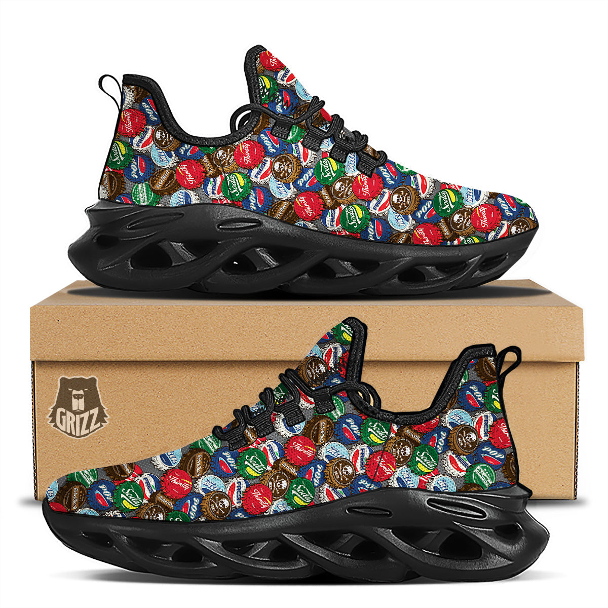 Bottle Caps Print Pattern Black Running Shoes-grizzshop