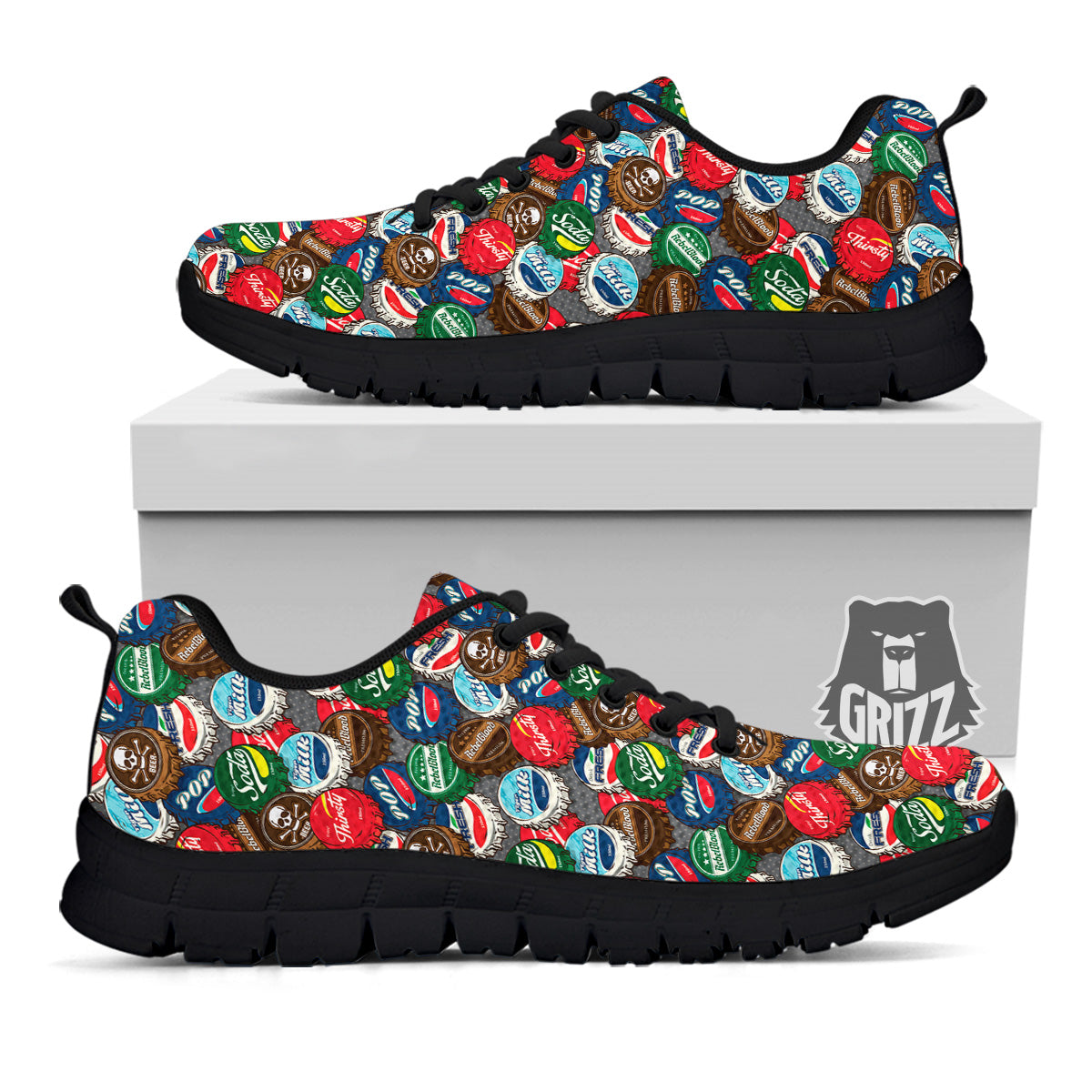 Bottle Caps Print Pattern Black Sneaker-grizzshop