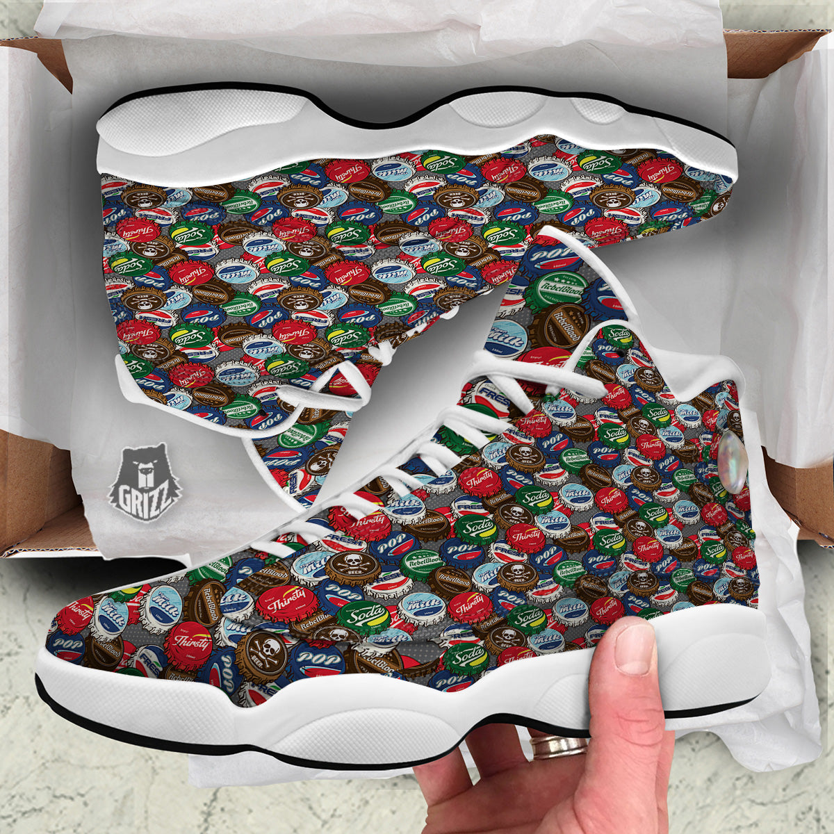 Bottle Caps Print Pattern White Basketball Shoes-grizzshop