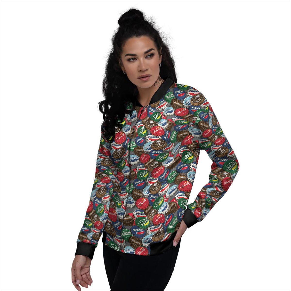 Bottle Caps Print Pattern Women's Bomber Jacket-grizzshop