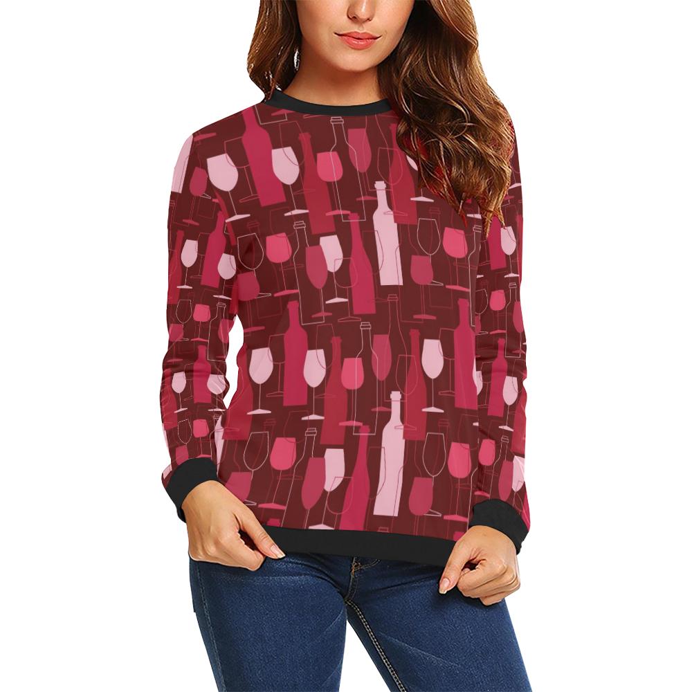 Bottle Glass Red Wine Print Pattern Women Crewneck Sweatshirt-grizzshop